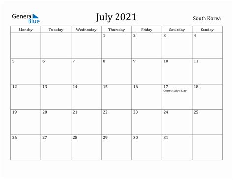 July 2021 South Korea Monthly Calendar With Holidays