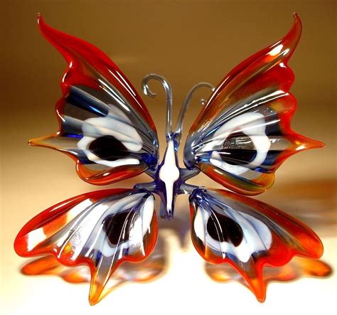 Blown Glass Murano Art Figurine Insect Red Blue And White Butterfly