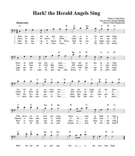 Hark The Herald Angels Sing Bass Clef Instrument Sheet Music Lead Sheet With Chords And Lyrics