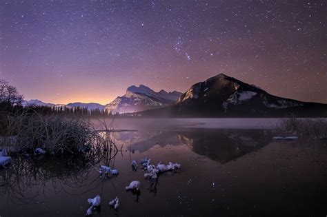Nature Landscape Cold Winter Starry Night Frost Lake Mountains