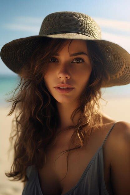 Premium Photo Woman Long Hair Wearing Hat Beach Models Perfect Nose Hybrid Face Wide Sunhat