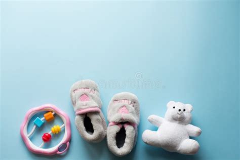 Child Toys On Blue Background Baby Flat Lay With Copy Space Stock