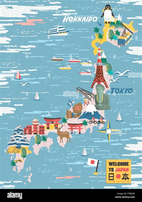 Japan Travel Map With Famous Attractions Japan In Japanese On Lower Japan