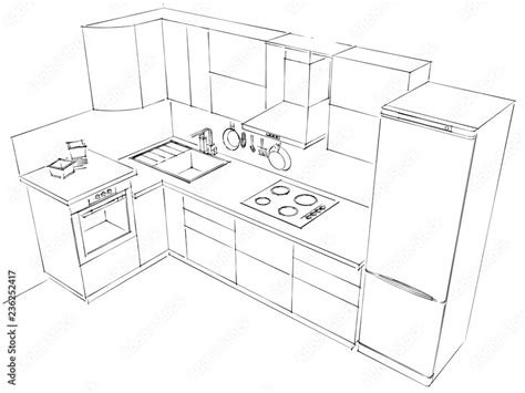 Outline Sketch Of Modern L Shaped Kitchen Set Interior Black And White