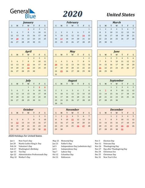 2020 United States Calendar With Holidays