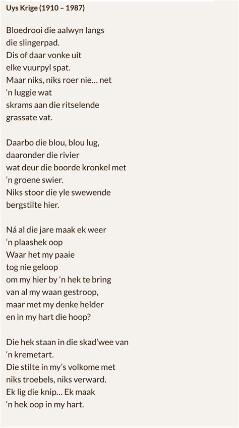 Dat mense wat dit lees, sulke nuutskeppings in hulle algemene, alledaagse taalgebruik sal opneem, is natuurlik geen uitgemaakte saak nie. 10 best Afrikaanse gedigte images on Pinterest | Afrikaans, Poem and Poetry