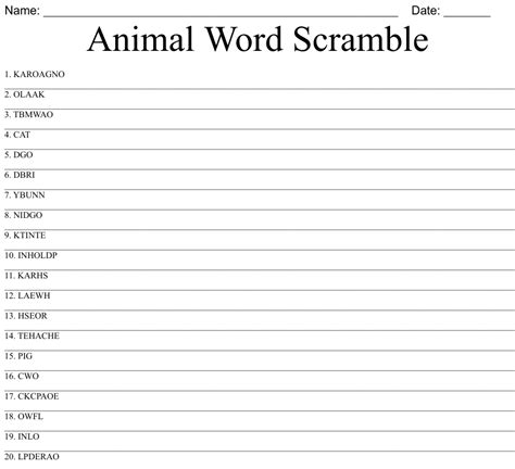 Animal Word Scramble Wordmint