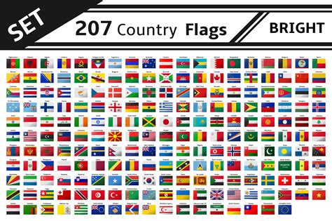 Set 207 Country Flags Glitter Effect World Map Silhouette Countries