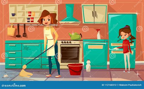 Cartoon Mother Daughter Cleaning Together Vector Image Hot Sex Picture