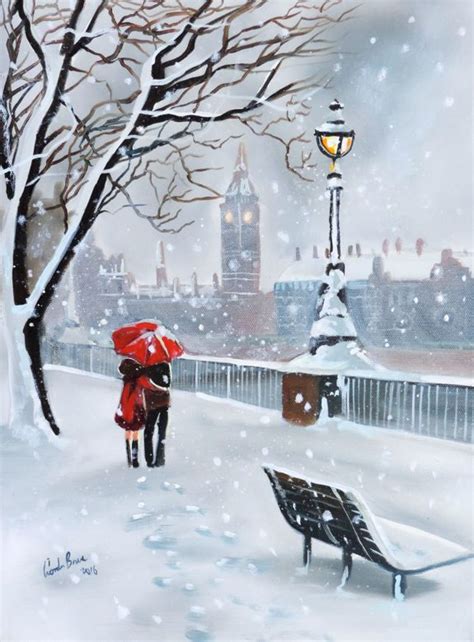Lady In Red London In Winter Original Oil Painting Gordon Bruce New Uk