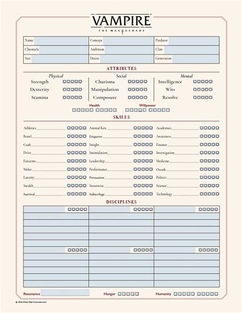 Vampire Masquerade 5e Character Sheet