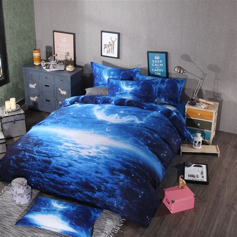 3d Galaxy Bedding Sets Queen Size Universe Outer Space Themed Blue Bedspread 4pcs Bed Sheets