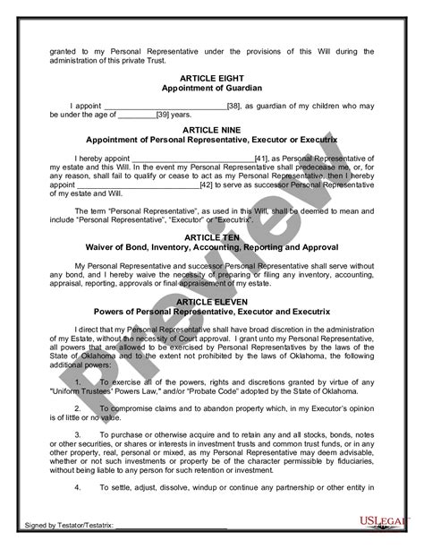 Oklahoma Legal Last Will And Testament Form For Single Person With