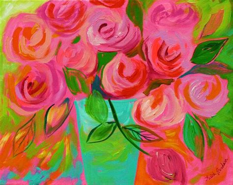 A Painting Of Pink Roses In A Vase