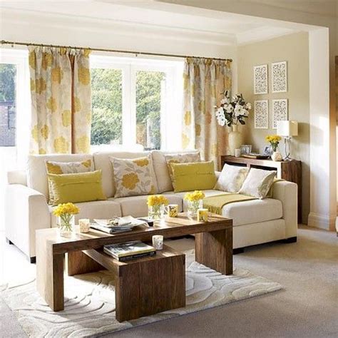 Beige White Yellow Living Room Sofa Pillow Floral Curtains Living