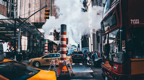New York City Buses New York Taxi Taxi Smoke Traffic Lights