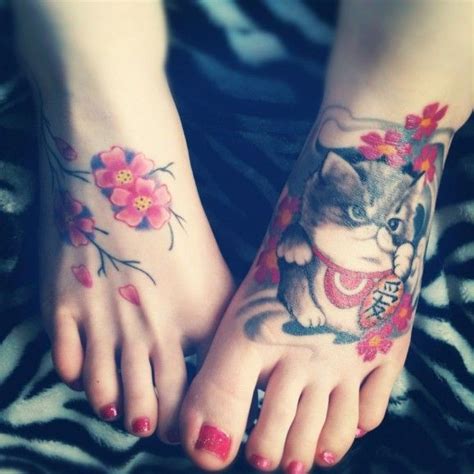 Cute Cat With Cherry Blossom Tattoo On Feet Tattooimagesbiz