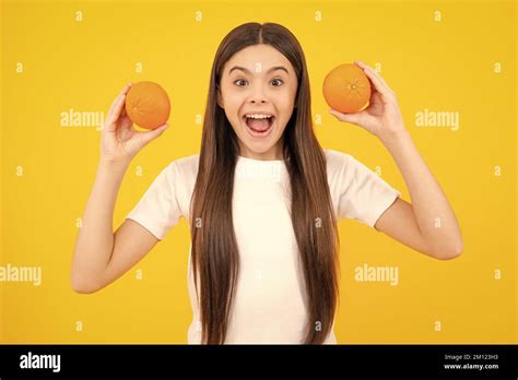 Happy Teenager Girl In T Shirt Hold Grapefruit Orange Kids Fruits