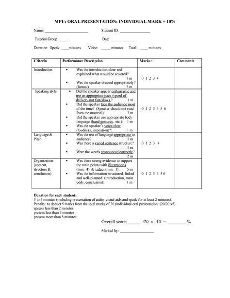 Mpu3113 Individual Oral Presentation Scoresheet Mpu Oral