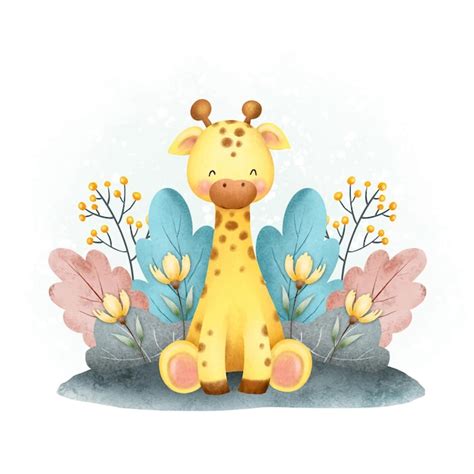 Premium Vector Watercolor Cute Giraffe And Plants