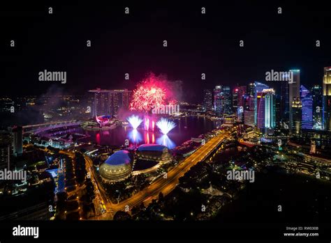New Year Eve Fireworks Show At Singapore Marina Bay Skyline Aerial