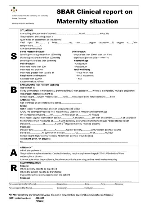 Sbar Clinical Report On Maternity Situation