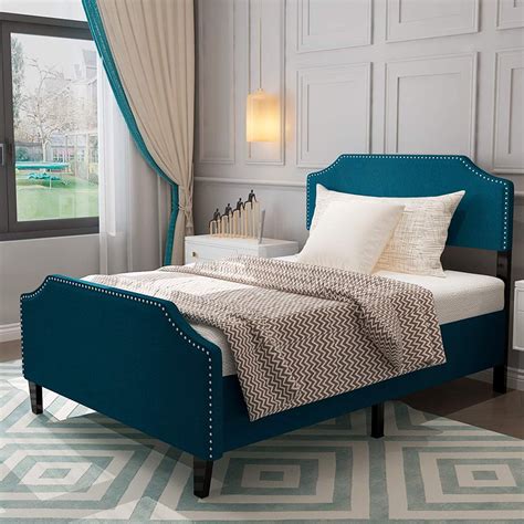 Mecor Upholstered Linen Platform Bedblue Fabric Full Size Bed Frame