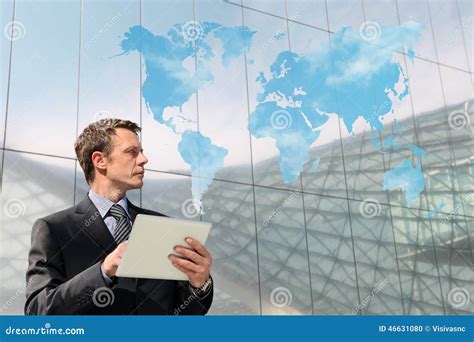 Businessman With Tablet World Map Cloud Computing Global Concept Stock