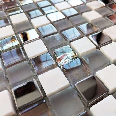 Grey White Glass Stone Chrome Small Squares Mosaic Tiles 8mm