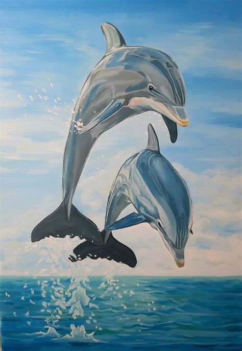 Dolphin Couple Original Oil Painting Realism Painting On Canvas
