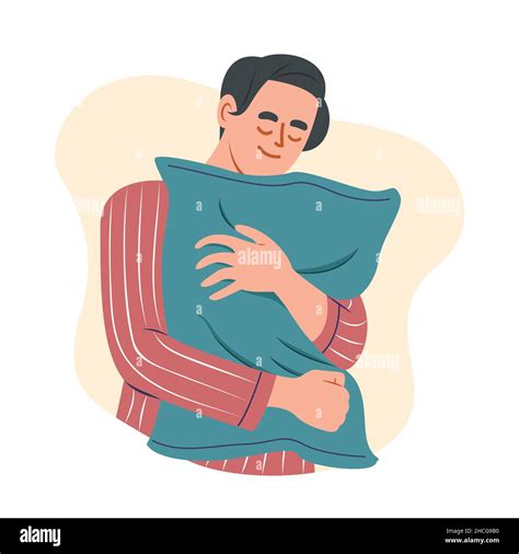 Sleepy Male Person In Red Pajamas Hugging Green Pillow Flat Vector