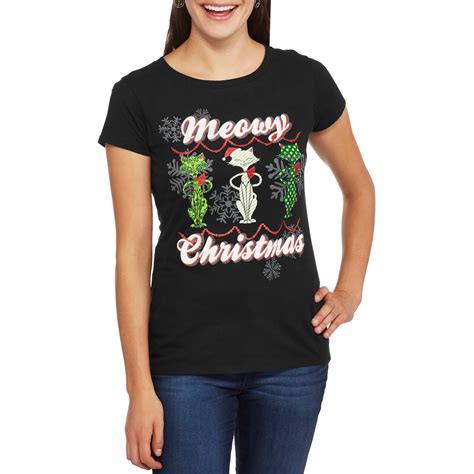 Holiday Time Womens Meowy Christmas Short Sleeve Graphic Christmas T