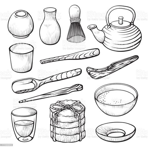 Matcha Green Tea Powder And Equipment Hand Drawn Illustrations Set