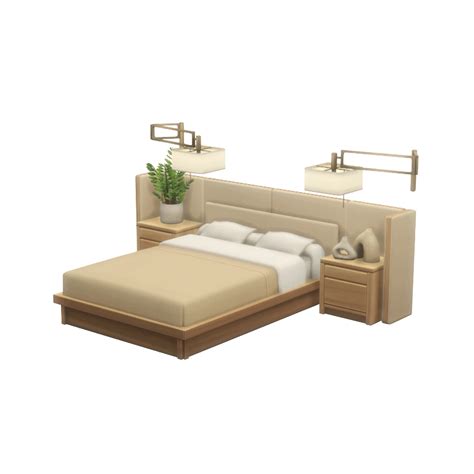 The Bed Is Made Up With Two Nightstands And A Plant On Top Of It