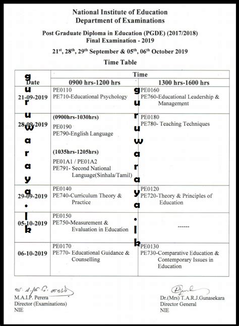 This schedule is subject to change. Exam Time Table : PGDE Final Exam - NIE - Teacher