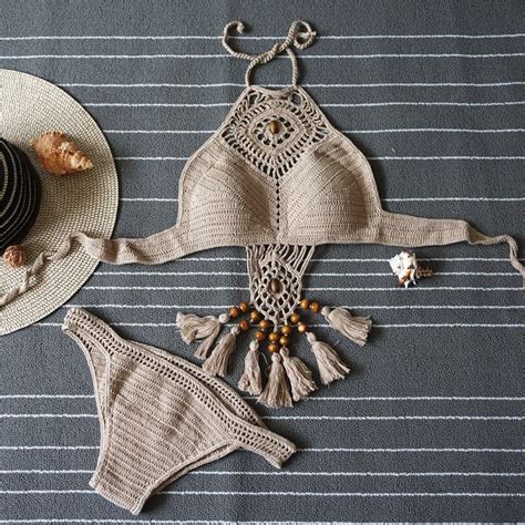 Weave Crochet Tassel Sexy Bikinis Women Swimsuit Bathing Suits Swim Halter Top Bikini Set Beach