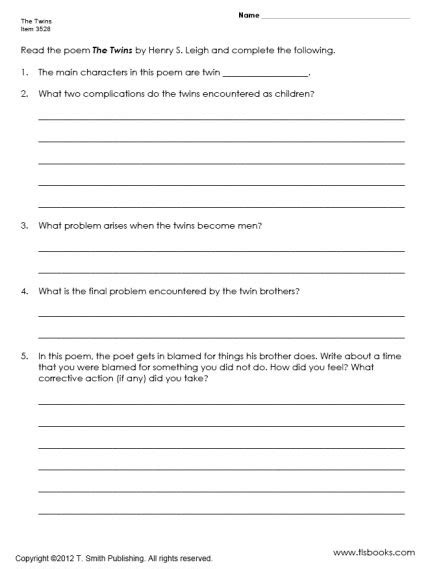 3rd Grade Poem Worksheets The Twins Poem Handout And Worksheet