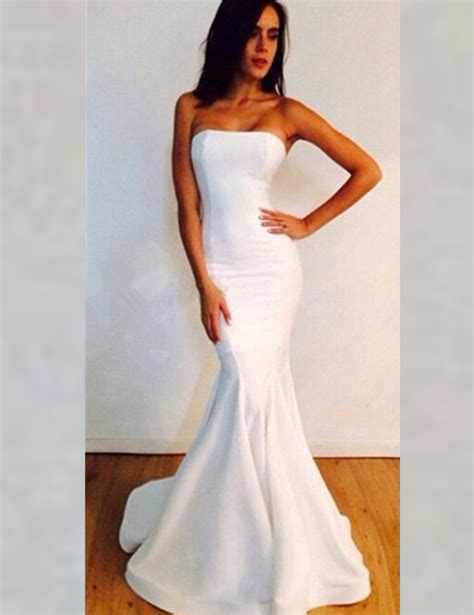 Simple White Sexy Mermaid Evening Prom Dress 2016 Strapless Sleeveless Long Elegant Prom Dresses