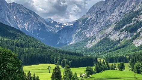 Download Wallpaper 1366x768 Mountains Valley Trees Grass Landscape