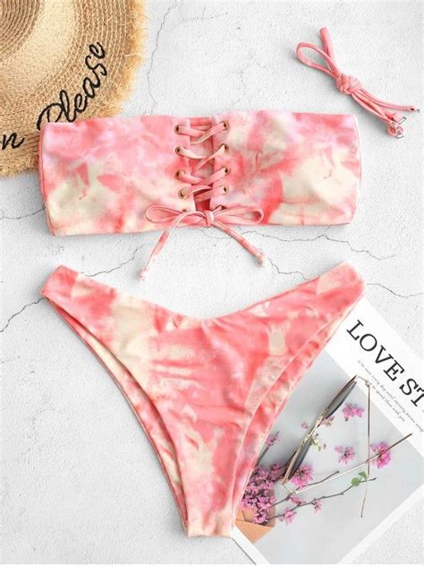 Zaful Tie Dye Lace Up High Leg Bikini Swimsuit Multi A Multi B High