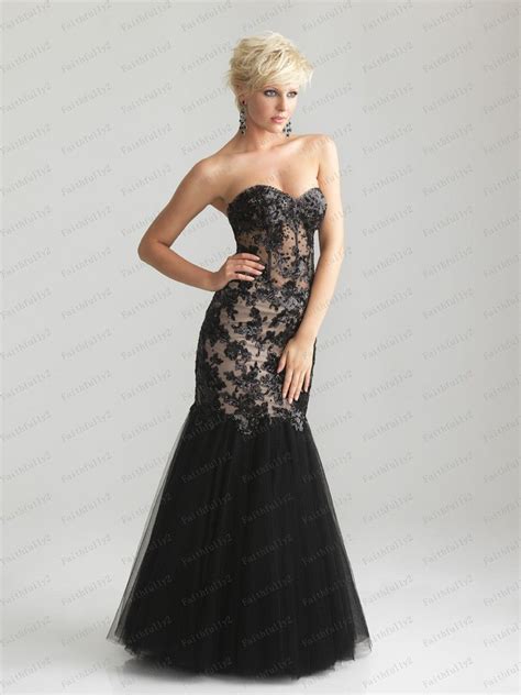 Black Mermaid Prom Dress Sweetheart Beaded Lace Applique See Through