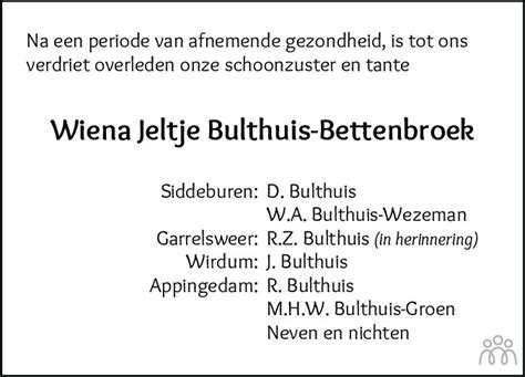 Wiena Jeltje Bulthuis Bettenbroek 23 12 2021 Overlijdensbericht En