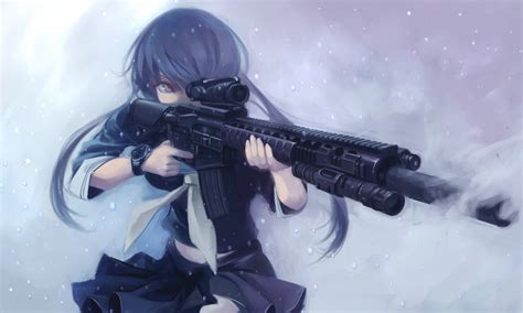 Original Characters Long Hair Blue Hair Anime Girls Gun Assault Rifle School Uniform
