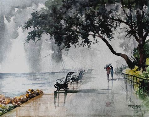 On A Rainy Day Watercolor Landscape Painting Watercolor Scenery