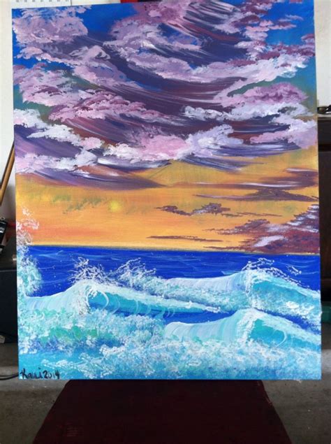 Acrylic On 24x30 Canvas Sunset Ocean Waves Art Painting Canvas