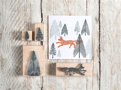 Fox And Fir Tree Rubber Stamps Fox Stamp Tree Stamp Etsy