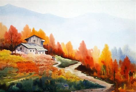 Beauty Of Autumn Landscape Watercolor On Paper 2016 Autumn