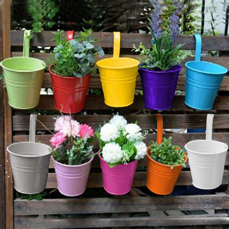 Set 10 Metal Flower Pot Colour Balcony Garden Wall Fence