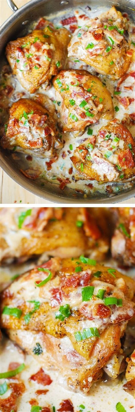 Make the best pan fried chicken breasts. Skillet Chicken with Bacon Cream Sauce | Pan fried chicken thighs, Chicken recipes, Recipes