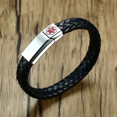 Men Braided Leather Medical Alert Id Bracelet With Stainless Steel